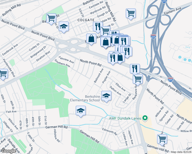 map of restaurants, bars, coffee shops, grocery stores, and more near 7514 Belmont Avenue in Baltimore