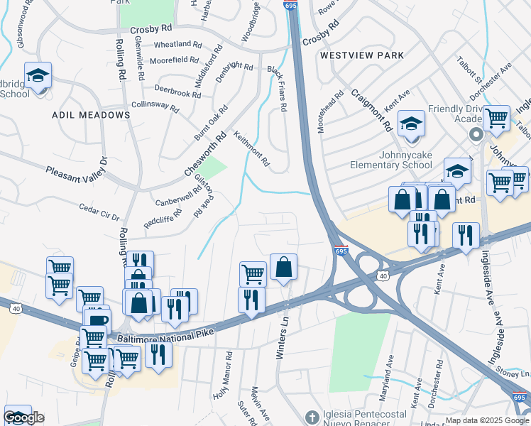 map of restaurants, bars, coffee shops, grocery stores, and more near 815 Winters Lane in Catonsville