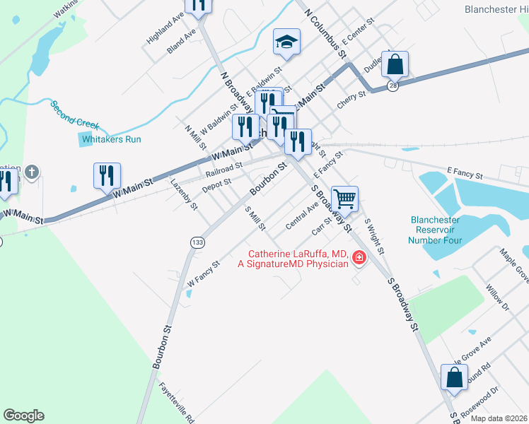 map of restaurants, bars, coffee shops, grocery stores, and more near 140 West Fancy Street in Blanchester