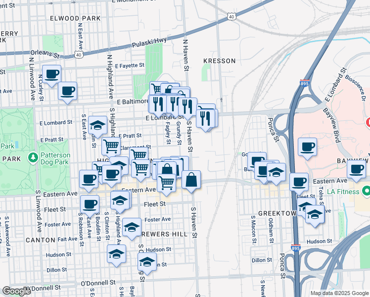 map of restaurants, bars, coffee shops, grocery stores, and more near 234 South Haven Street in Baltimore