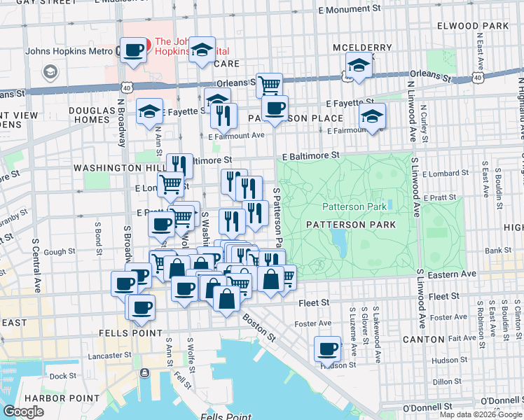 map of restaurants, bars, coffee shops, grocery stores, and more near 2213 East Pratt Street in Baltimore