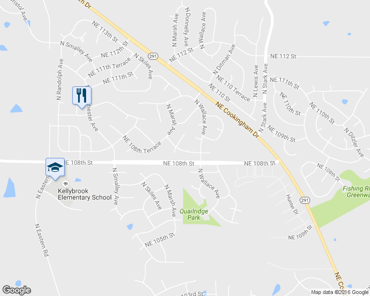 map of restaurants, bars, coffee shops, grocery stores, and more near 8408 Northeast 108th Terrace in Kansas City