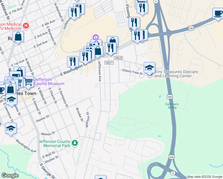 map of restaurants, bars, coffee shops, grocery stores, and more near 233 County Route 340/7 in Charles Town