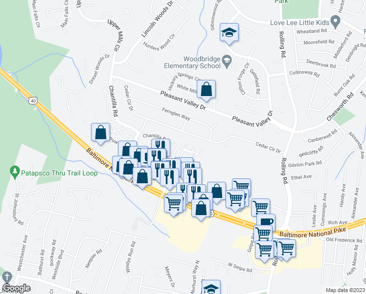 map of restaurants, bars, coffee shops, grocery stores, and more near 200 Carli Court in Catonsville