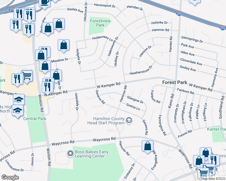 map of restaurants, bars, coffee shops, grocery stores, and more near 940 Glasgow Drive in Cincinnati
