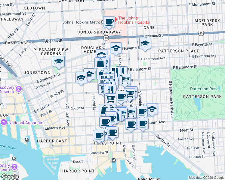 map of restaurants, bars, coffee shops, grocery stores, and more near 1712 East Pratt Street in Baltimore