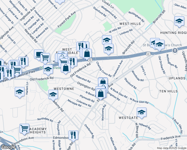 map of restaurants, bars, coffee shops, grocery stores, and more near 721 Braeside Road in Baltimore