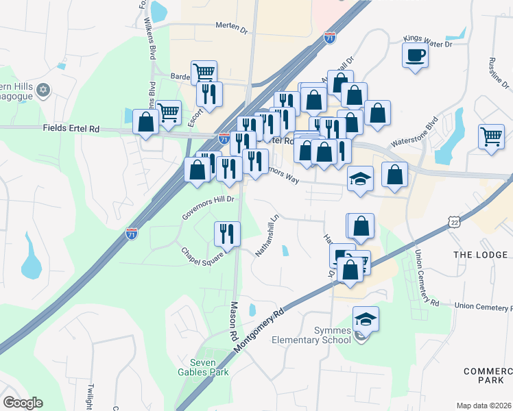 map of restaurants, bars, coffee shops, grocery stores, and more near 8925 Cypresspoint Lane in Cincinnati