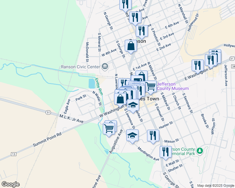 map of restaurants, bars, coffee shops, grocery stores, and more near 216 North Lawrence Street in Charles Town