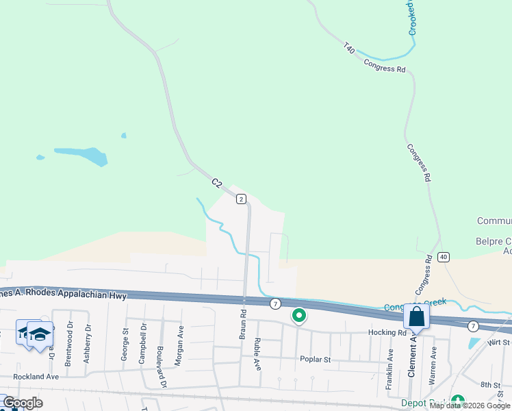 map of restaurants, bars, coffee shops, grocery stores, and more near 976 Braun Road in Belpre