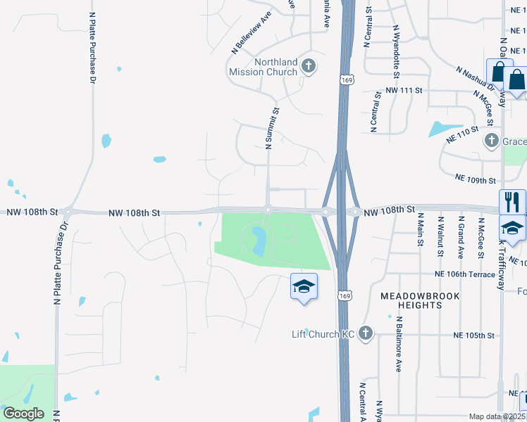 map of restaurants, bars, coffee shops, grocery stores, and more near 809 Northwest 108th Street in Kansas City