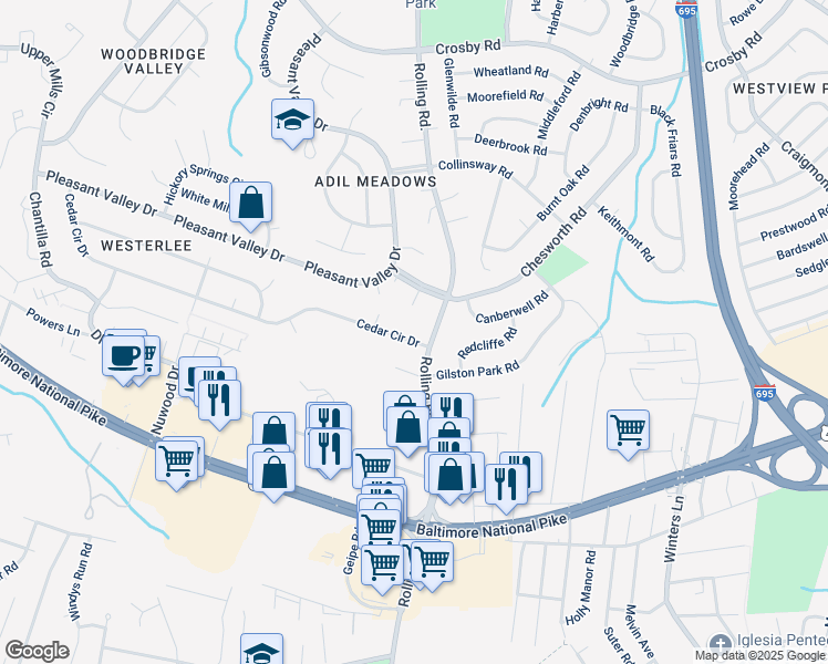 map of restaurants, bars, coffee shops, grocery stores, and more near 1900 Cedar Circle Drive in Catonsville