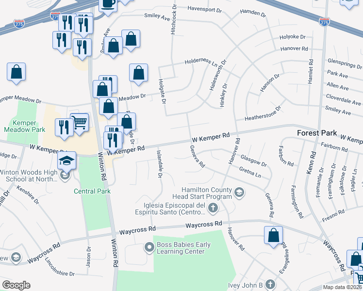 map of restaurants, bars, coffee shops, grocery stores, and more near 1015 West Kemper Road in Cincinnati