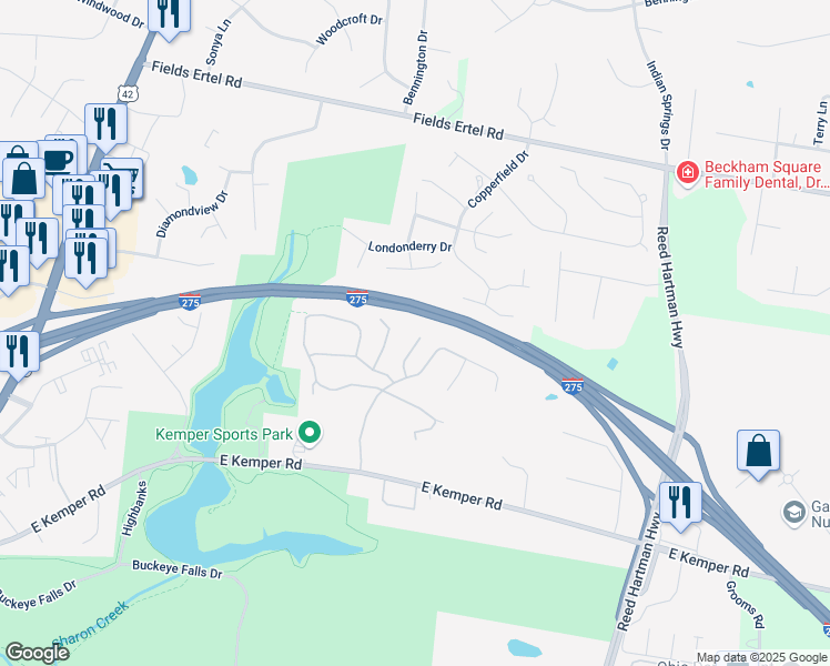 map of restaurants, bars, coffee shops, grocery stores, and more near 11808 Percivale Court in Cincinnati
