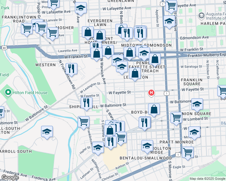 map of restaurants, bars, coffee shops, grocery stores, and more near 108 Wheeler Avenue in Baltimore