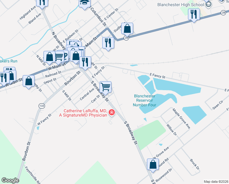 map of restaurants, bars, coffee shops, grocery stores, and more near 427 South Wright Street in Blanchester