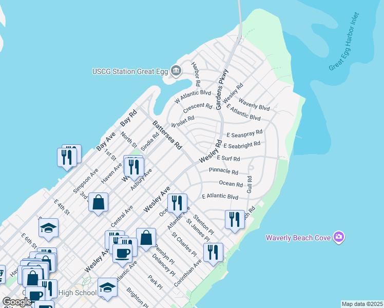 map of restaurants, bars, coffee shops, grocery stores, and more near 519 Battersea Road in Ocean City