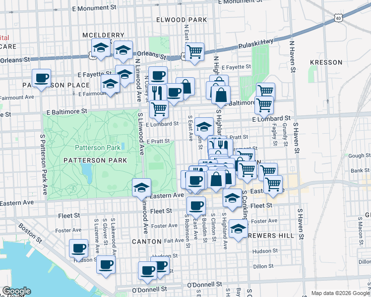 map of restaurants, bars, coffee shops, grocery stores, and more near 229 South Robinson Street in Baltimore