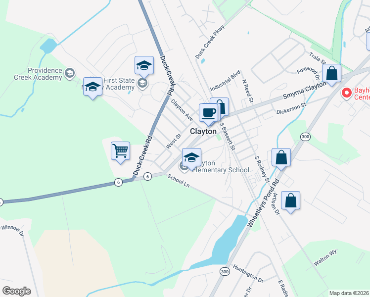 map of restaurants, bars, coffee shops, grocery stores, and more near 435 Main Street in Clayton
