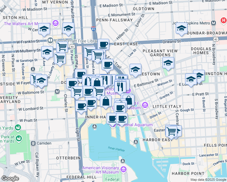 map of restaurants, bars, coffee shops, grocery stores, and more near 6 South Frederick Street in Baltimore