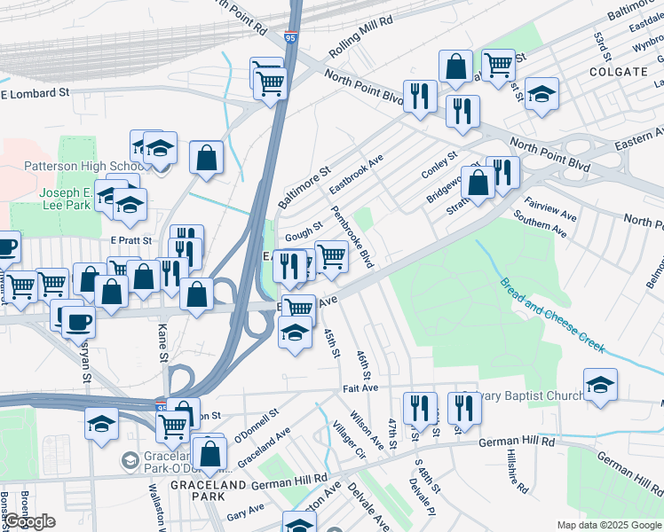 map of restaurants, bars, coffee shops, grocery stores, and more near 7009 Bank Street in Baltimore