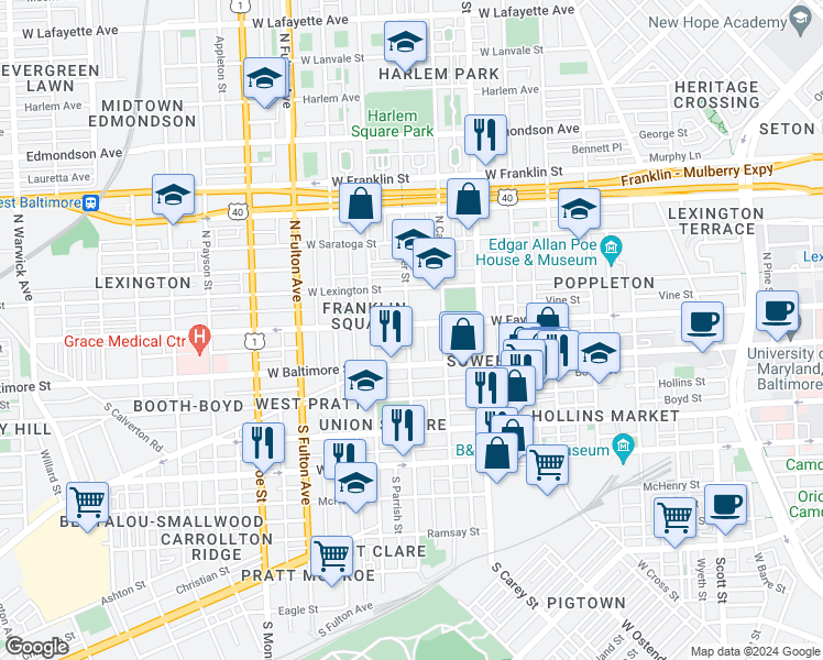 map of restaurants, bars, coffee shops, grocery stores, and more near 1429 West Fayette Street in Baltimore
