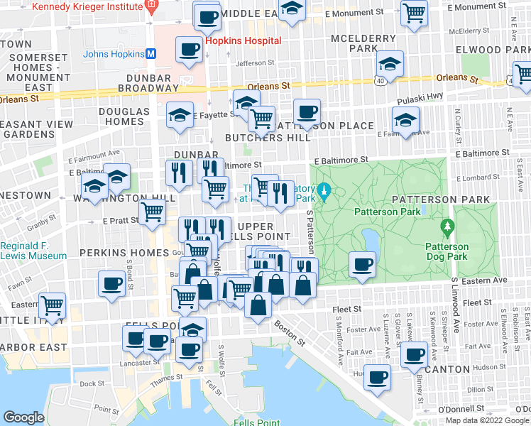 map of restaurants, bars, coffee shops, grocery stores, and more near E Pratt St & S Chester St in Baltimore