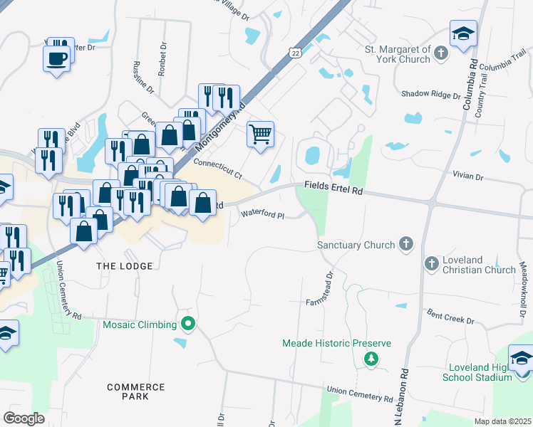 map of restaurants, bars, coffee shops, grocery stores, and more near 9600 Waterford Place in Loveland
