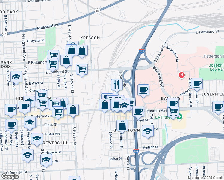 map of restaurants, bars, coffee shops, grocery stores, and more near 224 South Newkirk Street in Baltimore
