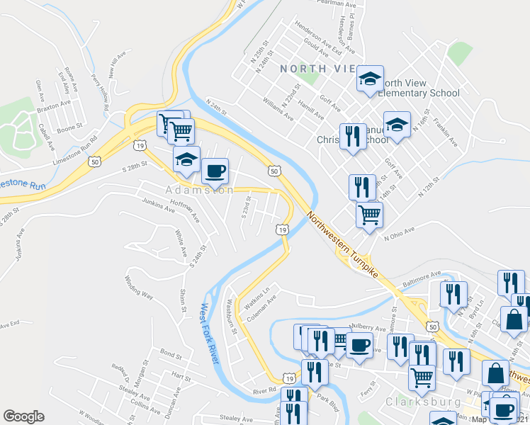 map of restaurants, bars, coffee shops, grocery stores, and more near Hillcrest Court in Clarksburg