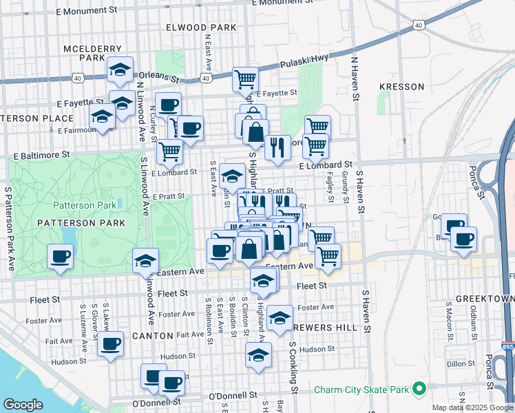 map of restaurants, bars, coffee shops, grocery stores, and more near 229 South Highland Avenue in Baltimore