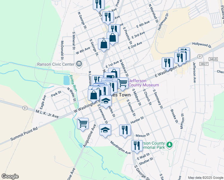 map of restaurants, bars, coffee shops, grocery stores, and more near 110 N George St in Charles Town