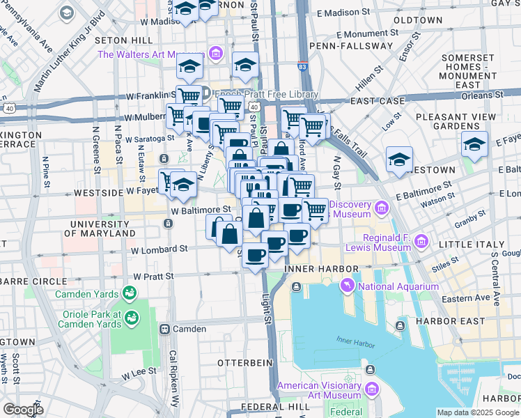 map of restaurants, bars, coffee shops, grocery stores, and more near 1 Light Street in Baltimore