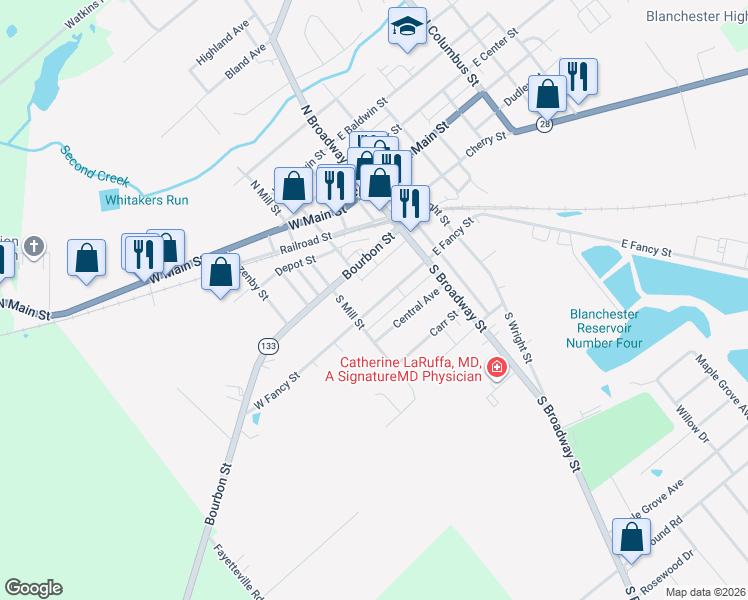 map of restaurants, bars, coffee shops, grocery stores, and more near 140 West Fancy Street in Blanchester