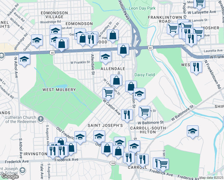 map of restaurants, bars, coffee shops, grocery stores, and more near 147 Denison Street in Baltimore