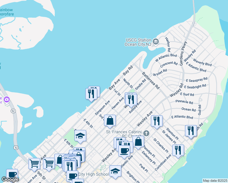 map of restaurants, bars, coffee shops, grocery stores, and more near 8 1st Street in Ocean City