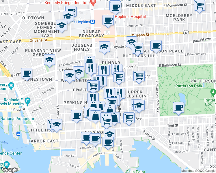 map of restaurants, bars, coffee shops, grocery stores, and more near 136 South Ann Street in Baltimore