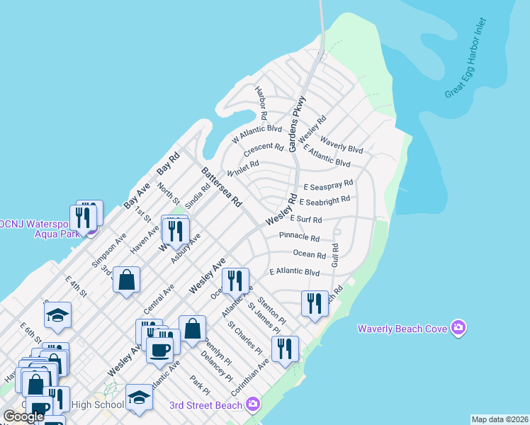 map of restaurants, bars, coffee shops, grocery stores, and more near 519 Battersea Road in Ocean City