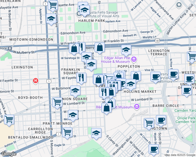 map of restaurants, bars, coffee shops, grocery stores, and more near 1317 West Fayette Street in Baltimore