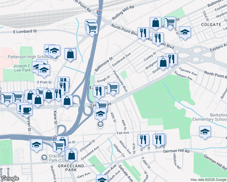 map of restaurants, bars, coffee shops, grocery stores, and more near 7013 Bank Street in Baltimore
