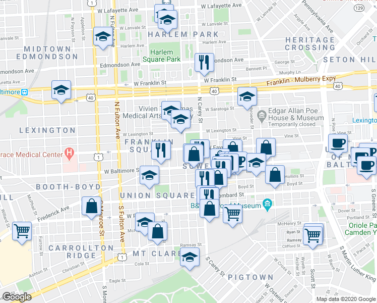 map of restaurants, bars, coffee shops, grocery stores, and more near 1325 West Fayette Street in Baltimore