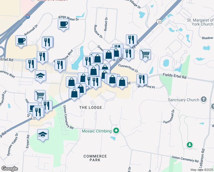 map of restaurants, bars, coffee shops, grocery stores, and more near 9545 Fields Ertel Road in Loveland
