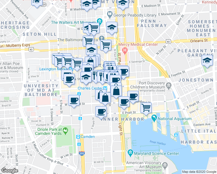 map of restaurants, bars, coffee shops, grocery stores, and more near 0 West Baltimore Street in Baltimore