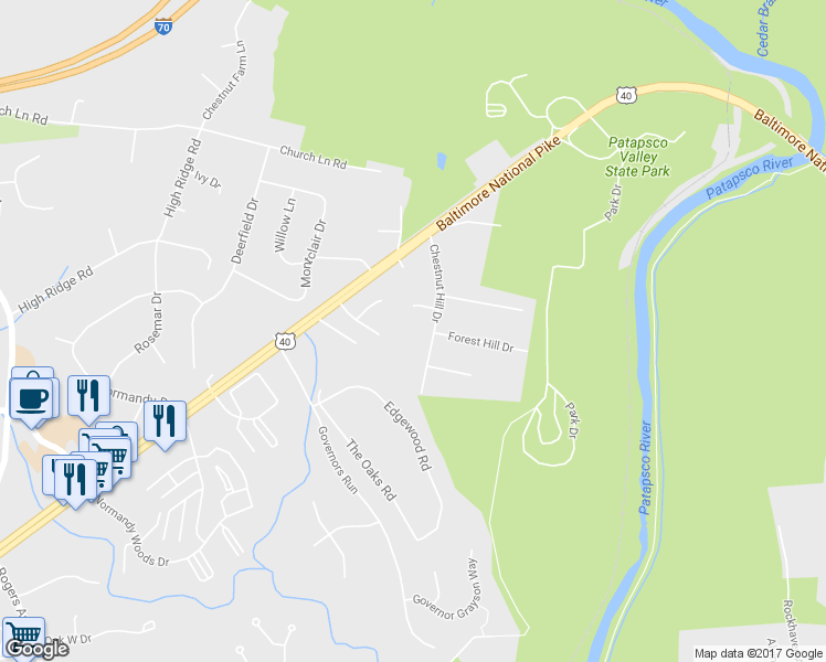 map of restaurants, bars, coffee shops, grocery stores, and more near 2939 Sylvan Hill Court in Ellicott City