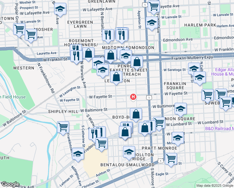 map of restaurants, bars, coffee shops, grocery stores, and more near 2148 West Fayette Street in Baltimore