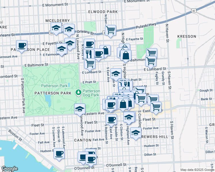 map of restaurants, bars, coffee shops, grocery stores, and more near 224 South East Avenue in Baltimore