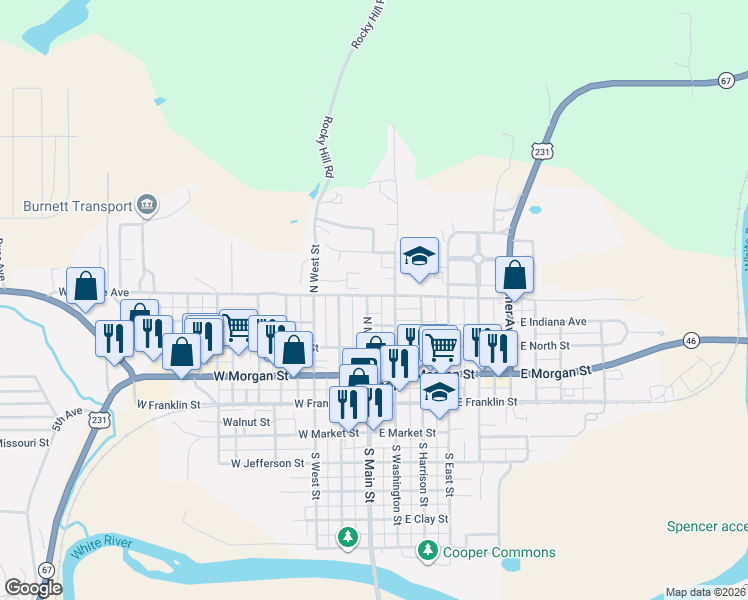 map of restaurants, bars, coffee shops, grocery stores, and more near 385 N Main St in Spencer