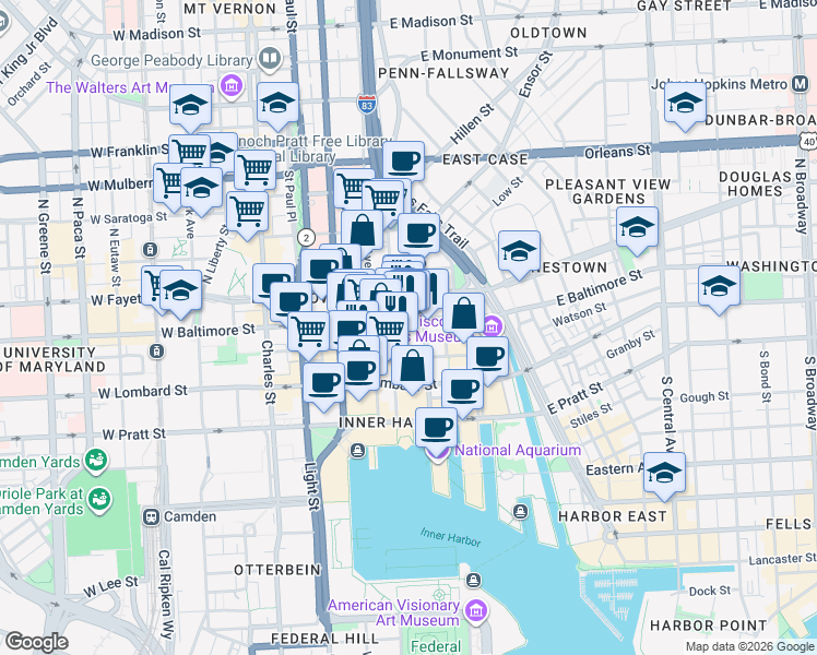 map of restaurants, bars, coffee shops, grocery stores, and more near 415 East Baltimore Street in Baltimore