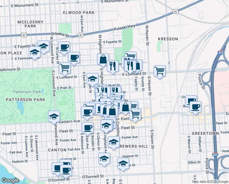map of restaurants, bars, coffee shops, grocery stores, and more near 234 South Conkling Street in Baltimore