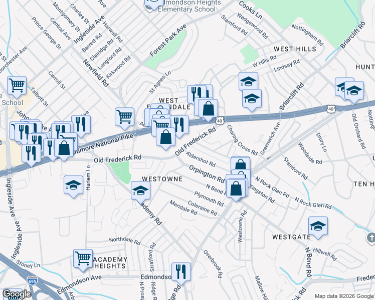map of restaurants, bars, coffee shops, grocery stores, and more near 5307 Old Frederick Road in Baltimore